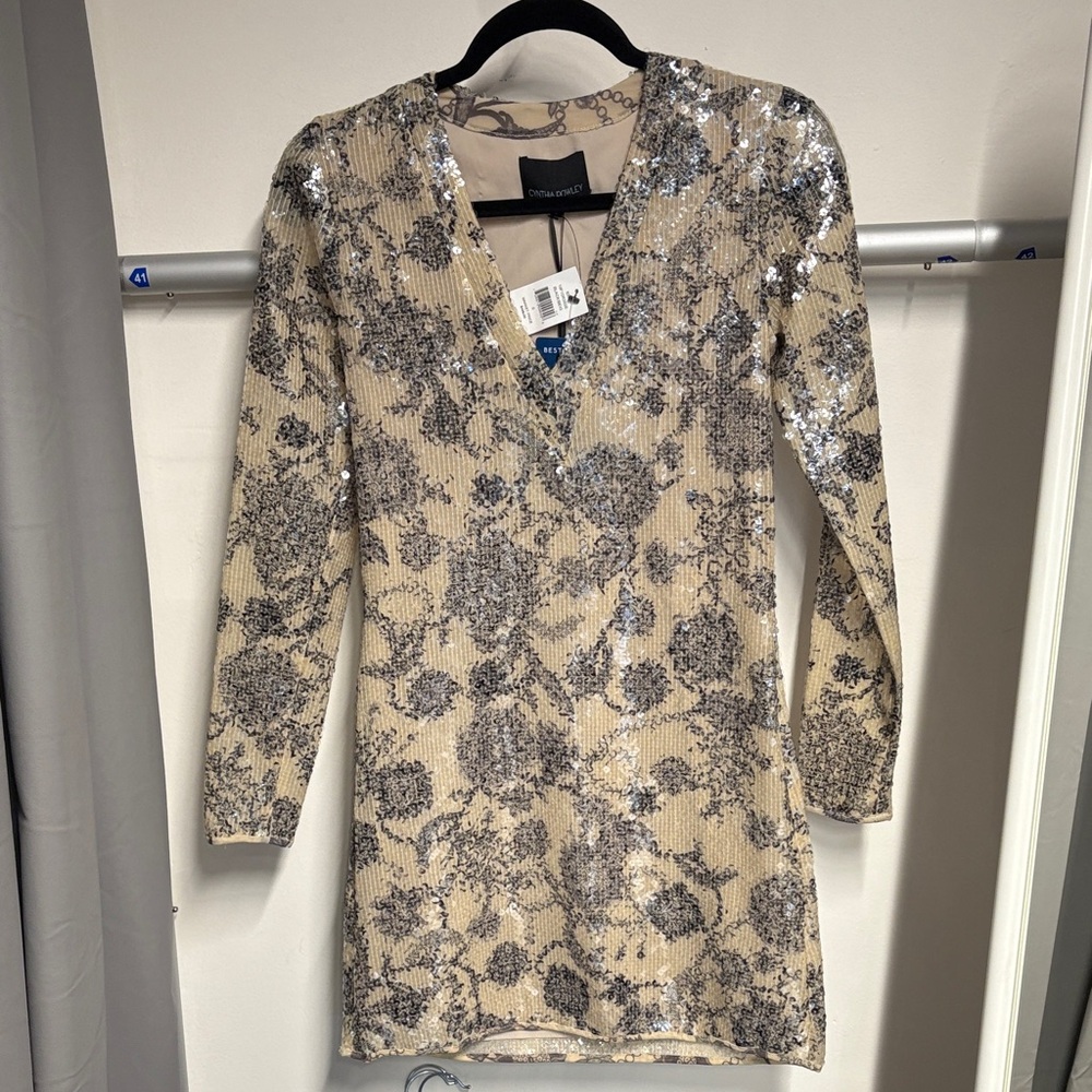 Cynthia Rowley Cream and Silver Sequin Mini Dress